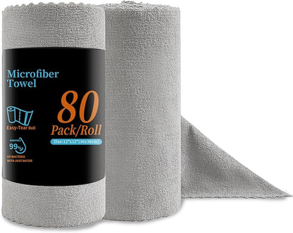 Jessy Home 80 Pack Reusable Paper Towels Grey Microfiber Cleaning Cloth Roll 12"x12" Microfiber Towels for Cars, Tear Away Cloth, Lint Free Rags for House, Kitchen,Window,Cleaning Supplies