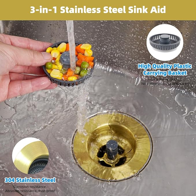 Hibbent 2 Pack Upgraded 3 in 1 Kitchen Sink Drain Strainer and Stopper Combo, Stainless Steel Metal Pop Up Sink Stopper, Anti-Clogging Basket Strainer for US Standard 3-1/2 Inch Drain, Brushed Gold