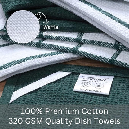 Assorted Waffle Kitchen Towels 100% Cotton Set of 6 - Heavy Duty 320 GSM Quality Dish Cloths Towel - Soft Absorbent Washable for Kitchen Use - Quick Drying Dish Towel 16x26 inch Green