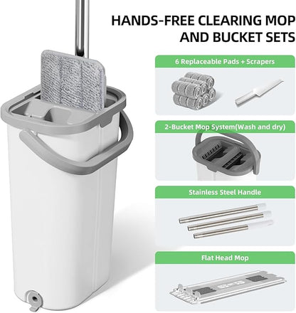 Mop and Bucket with Wringer Set: Wet Dry Separation System for Easy Floor Cleaning Rebound Head for Bathroom & Living Room Gift for Women