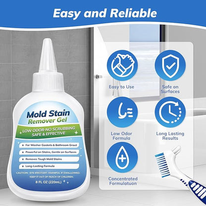 Mold-Stain Remover Gel for Washing Machine & Bathroom – Low Odor Remover Gel for Rubber Gaskets, Shower Grout, Silicone Sealant, Toilet, Kitchen Sink
