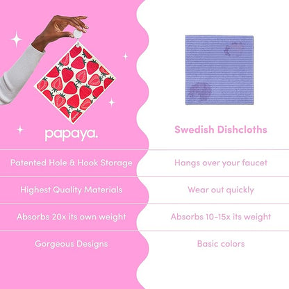 Papaya Reusable Paper Towels, Premium Swedish Dishcloths with Hook, Non-Scratch Reusable Paper Towel, 1 Sheet Replaces 17 Rolls - 2 Sheets, 1 Hook
