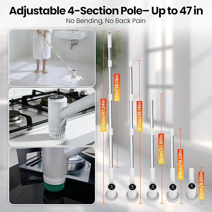 Electric Spin Scrubber - 4500mAh Cordless Cleaning Brush with 6 Brush Heads, 47" Adjustable Handle Relieves Back Pain, IPX7 Waterproof Power Scrubber for Bathroom Shower Floor Tile Bathtub