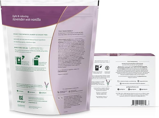 Grab Green 3-in-1 Laundry Detergent Pods and Dryer Sheet Bundle, 60 Count Pods and 80 Dryer Sheets, Lavender Vanilla Scent, Plant and Mineral Based Laundry Essentials