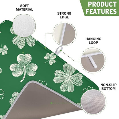 St Patrick's Day Dish Drying Mat 16 x 18 Inch Green Shamrock Dish Drainer Rack Mat Absorbent Microfiber Mats for Spring Lucky Clovers Dish Pad for Kitchen Coffee Bar Decor