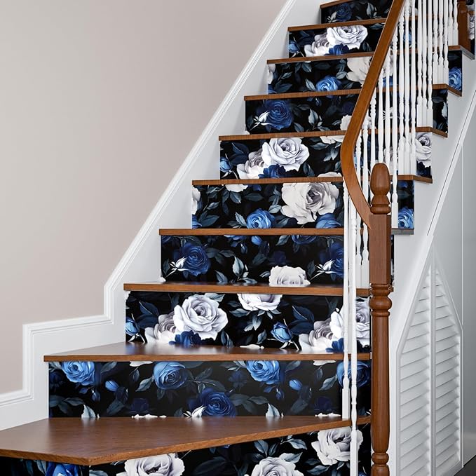 Black Foral Wallpaper Peel and Stick Dark Blue White Rose Contact Paper, Self-Adhesive Removable Vintage Flower Wall Paper for Bedroom Countertop Desk Cabinets Decor 17.4" x 118" Renter Friendly