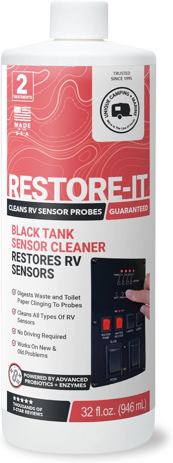Unique Restore-It RV Sensor Cleaner Liquid - Cleans and Restores Misreading Sensor Probes by Removing Stuck-On Waste in Black Tanks - 2 Treatments Per Bottle (32 oz)
