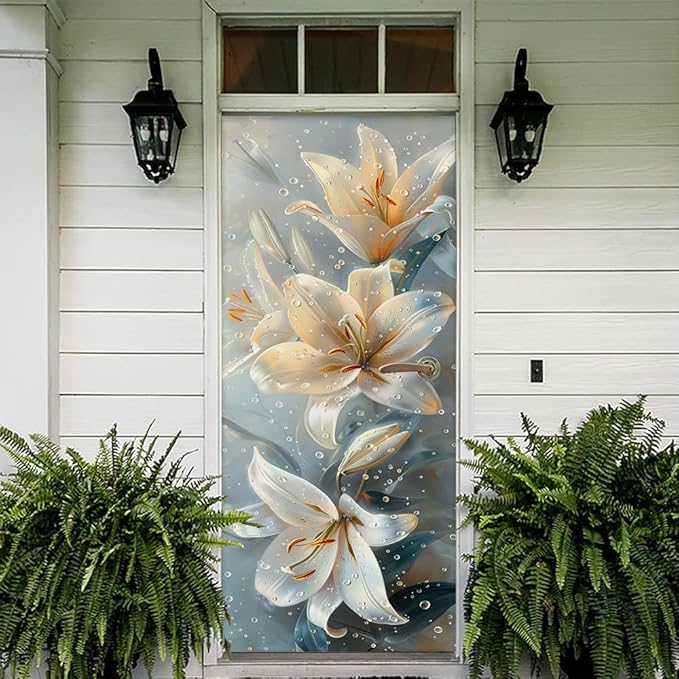 REDAMANCY Modern White Yellow Lily Floral Peel and Stick Door Stickers Vinyl 3D Door Mural Decals Decor Wallpaper Self-Adhesive, Waterproof, Removable