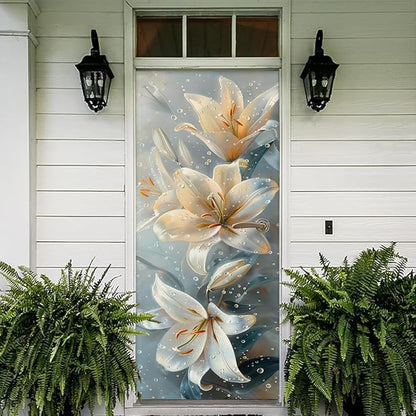 REDAMANCY Modern White Yellow Lily Floral Peel and Stick Door Stickers Vinyl 3D Door Mural Decals Decor Wallpaper Self-Adhesive, Waterproof, Removable