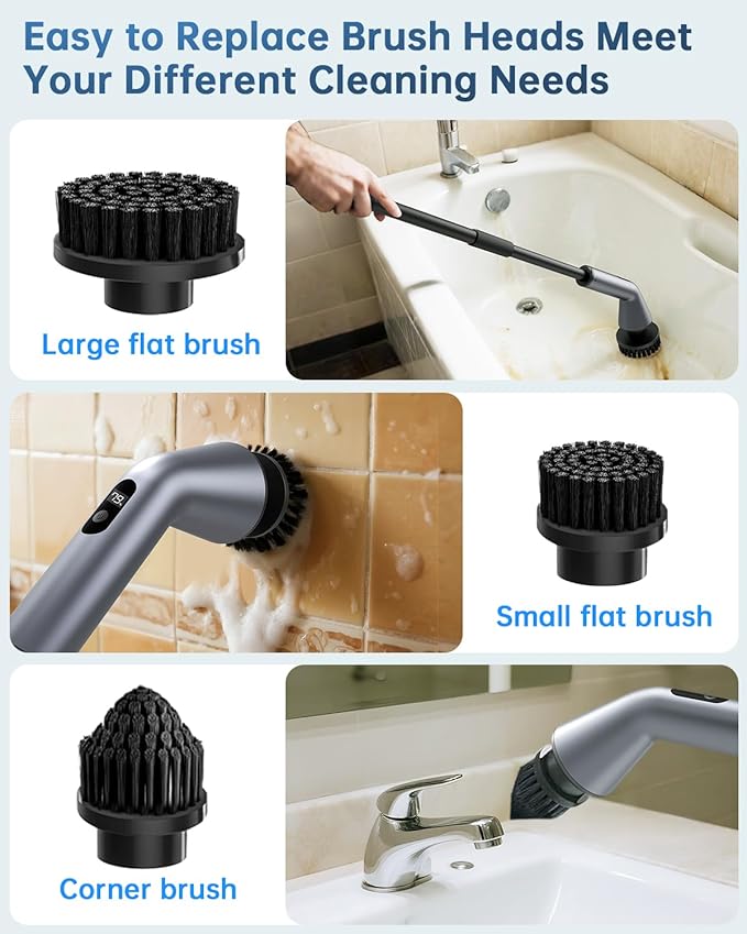 VICNOVA Electric Spin Scrubber, IPX7 Waterproof 2-Speed, Extendable Long Handle Cordless Cleaning Brush with 7 Replacement Brush Heads for Bathroom Shower Bathtub Glass Tub Tile Floor Car