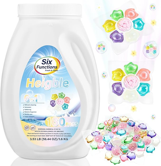 160 Count Laundry Detergent Pods Bulk with Scent Boosters 6 in 1 Laundry Detergent Pacs Stain Remover Antistatic Softening Retains Fragrance Gentle Care Fade Resistant