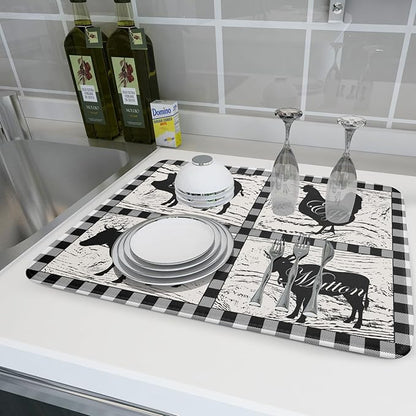 Farmhouse Animal Dish Drying Mat Buffalo Plaid Drainer Rack Mats Fast Dry Absorbent Kitchen Countertop Protector Dishes Pad 18x24 Inch