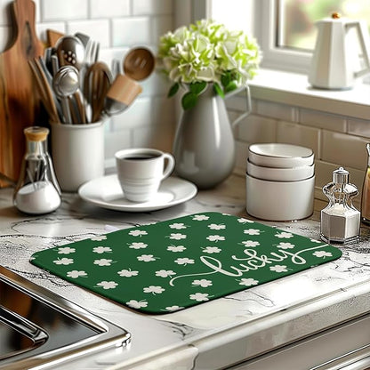 St Patrick Shamrock Drying Mat for Kitchen Counter Green White Lucky Clover Drying Dish Mat St Patricks Day Absorbent Microfiber Dish Drying Pad Reusable Dry Mat 16 x 18 Inch