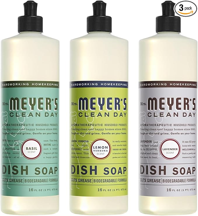 Mrs. MEYER'S Signature Scents 3-Piece Liquid Dish Soap Set Refreshing Lemon, Soothing Lavender, and Fresh Basil (16 oz Each)