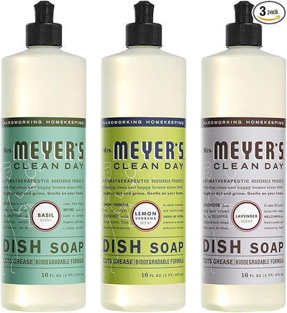 Mrs. MEYER'S Signature Scents 3-Piece Liquid Dish Soap Set Refreshing Lemon, Soothing Lavender, and Fresh Basil (16 oz Each)