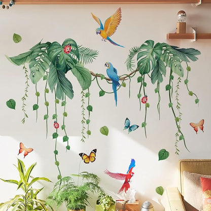 2 Sheets Jungle Wall Decals Peel and Stick Removable Vine Wall Stickers & Murals for Living Room Bedroom Vinyl Jungle Nursery Decor Tropical Wallpaper Green Plants Leaves Wall Decals with Parrot Birds