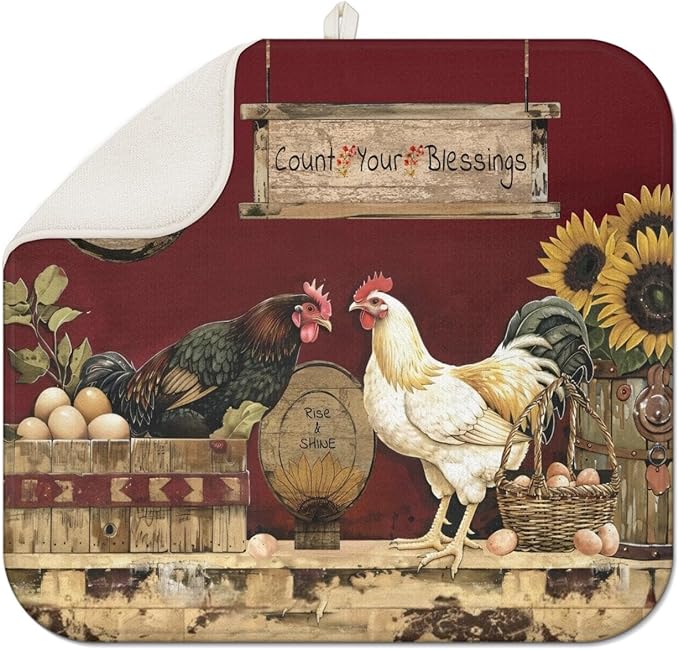 Dish Drying Mat Drainer Pads - Extra Large Microfiber Drying Mats for Dishes Kitchen Counter Super Absorbent Pads for Draining Racks (Chicken,16"x18" )