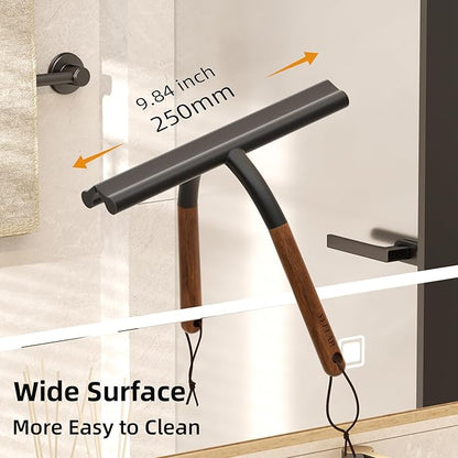 Shower Squeegee for Shower Glass, Bathroom Glass Cleaning Tool with Hook Mount, Squeegee for Glass Doors, Window Cleaning, Tile Shower Walls (Black+Wood)