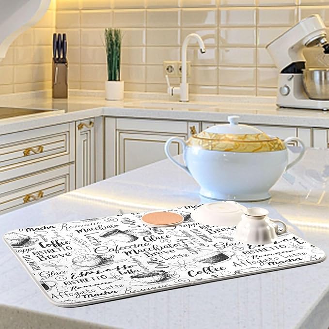 Coffee Cups Print Dish Drying Mat for Kitchen Counter Absorbent Microfiber Drying Pad, Medium 16x18 in, Reversible Drainer Mats