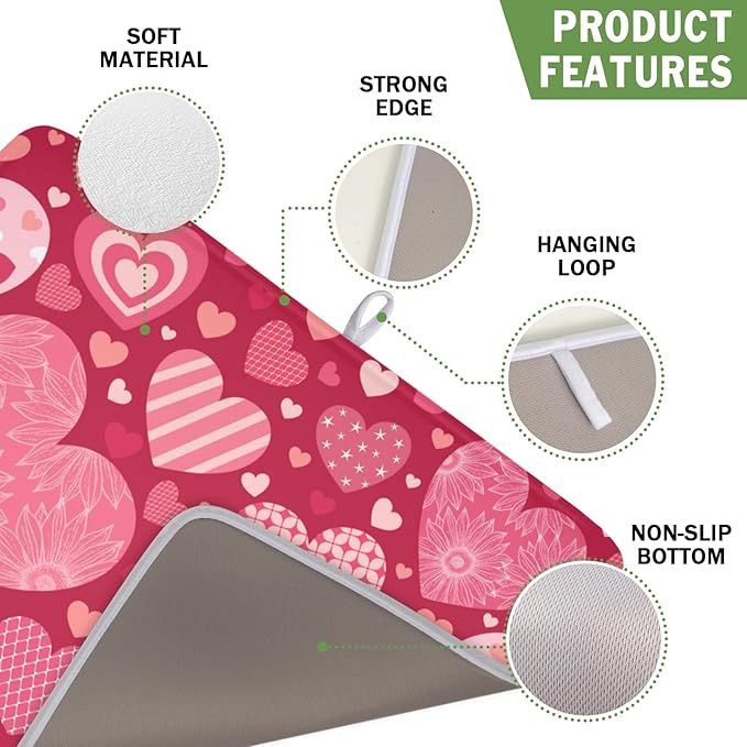 Valentine's Day Dish Drying Mat 16 x 18 Inch Heart Shaped Pattern Dish Drying Pad Absorbent Microfiber Mats for Red Dish Rack Pad for Kitchen Counter Coffee Bar Decor