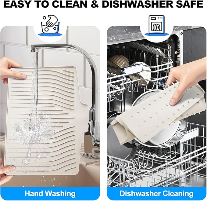 Silicone Dish Drying Mat for Kitchen Countertops and Sinks,19 x13.7 Inch Non Slip Heat Resistant Mat with Built In Drainage System,For Refrigerator and Drawer Liners (Creamy-white, 19 x13.7 Inch)