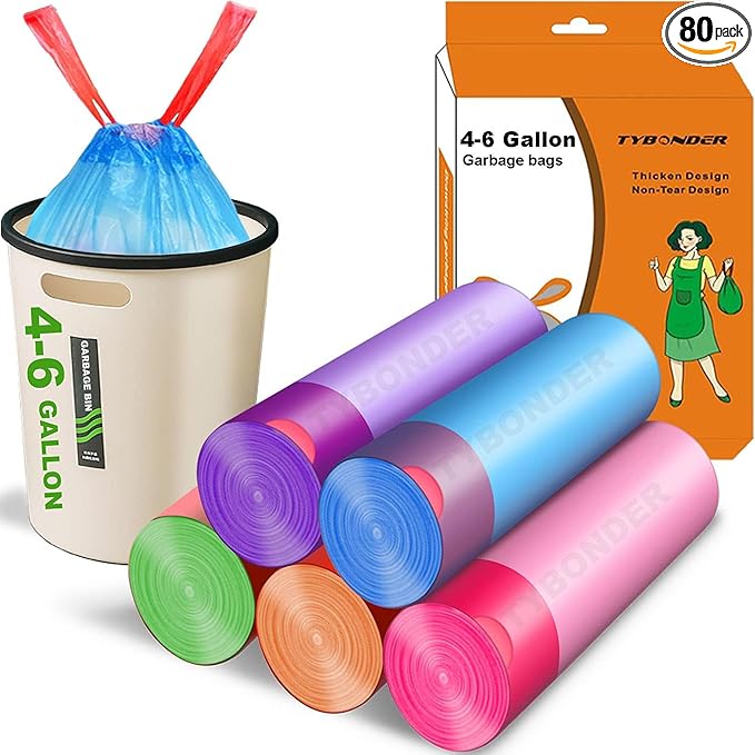 Small Trash Bags 4-6 Gallon,Extra Thick & Strong 4 Gallon Garbage Bags Drawstring 5 Gallon Trash Bags Small Garbage Bags Unscented Waste Basket Liners for Kitchen,Bathroom,Office(80 Counts)