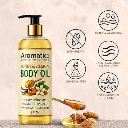 Aromatico Honey & Almond Body Oil for Women – 7 fl oz | Moisturizing After Shower Body Oil for Daily Use | Cozy & Creamy Fragrance