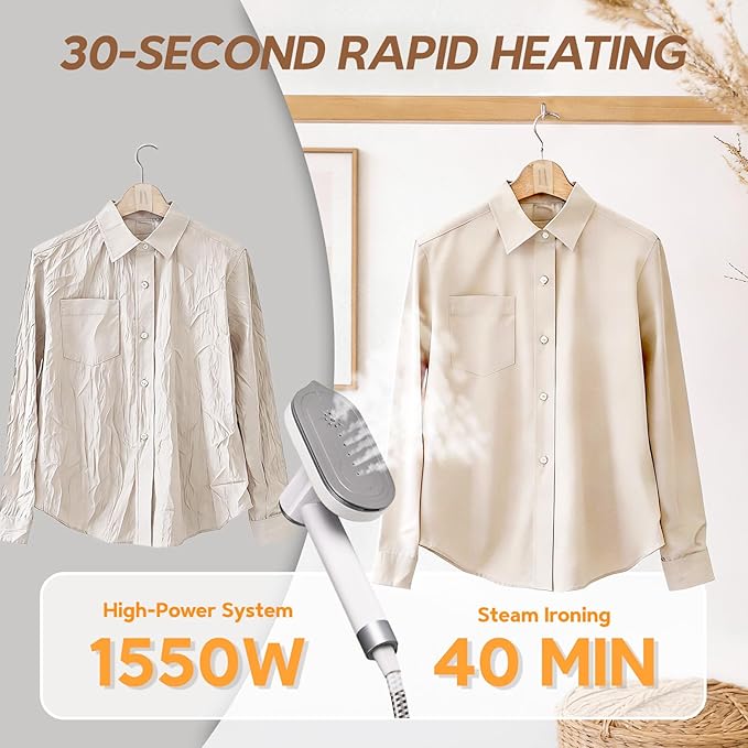 2 In 1 Steamer for Clothes:1550W Powerful Steamer with 1100ml Detachable Tank, 30s Fast Heat-Up, Horizontal & Vertical Use, Portable Wrinkle Remover for Clothes Drapes Bedding (White)