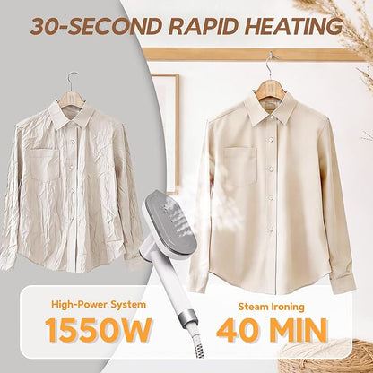 2 In 1 Steamer for Clothes:1550W Powerful Steamer with 1100ml Detachable Tank, 30s Fast Heat-Up, Horizontal & Vertical Use, Portable Wrinkle Remover for Clothes Drapes Bedding (White)