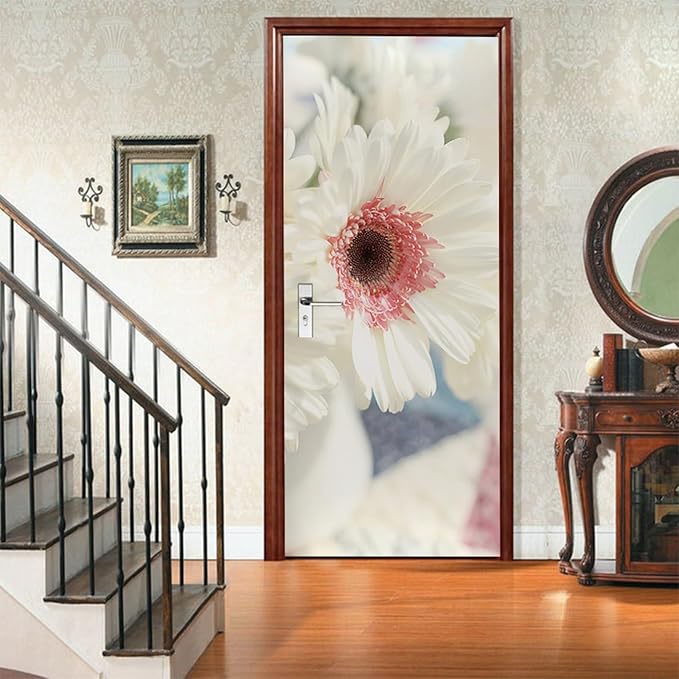 A.Monamour 3D Door Stickers for Interior Doors White Gerbera Daisy Flower with Pink Center Vinyl Waterproof Self Adhesive Door Mural Decals for Bedroom Office Bathroom 90x200cm