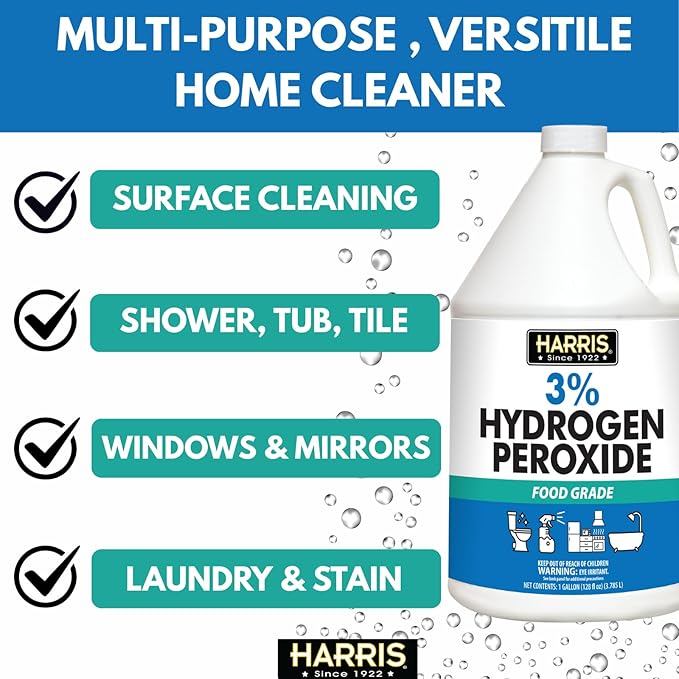 HARRIS 3% Food Grade Hydrogen Peroxide, 128oz, for Kitchen, Bath, Laundry, & Home Cleaning w/Easy Fill Funnel Included