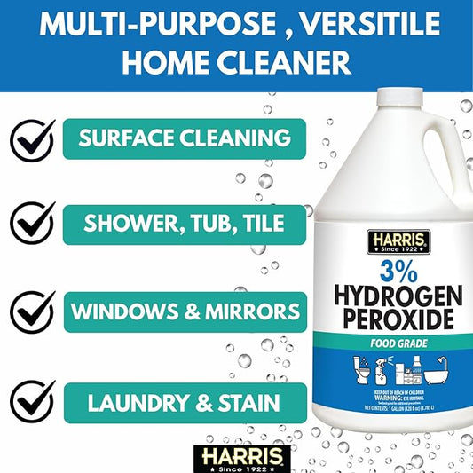 HARRIS 3% Food Grade Hydrogen Peroxide, 128oz, for Kitchen, Bath, Laundry, & Home Cleaning w/Easy Fill Funnel Included