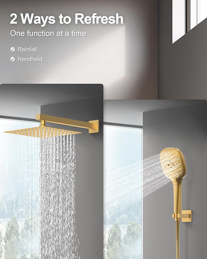 Double Handle High Pressure 3 Spray Shower Faucet Set with Valve 10 Inch Wall Mount Brushed Gold