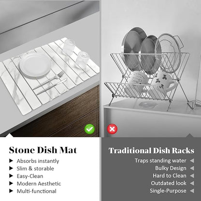 Stone Dish Drying Mats for Kitchen Counter, 24"(L)×16"(W) Marble-Pattern, Collapsible Quick Drying Dish Mats, Ultra Absorbent Diatomaceous Earth Mats for Dishes , Match Any Countertop