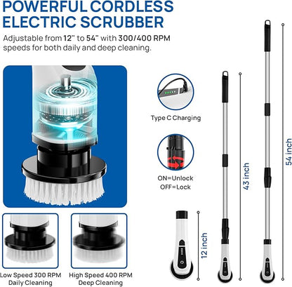 2025 Upgraded Electric Spin Scrubber – Shower Scrubber with Long Handle, Cordless Electric Cleaning Brush, 400 RPM Dual-Speed, IPX5 Waterproof, 90-Min Runtime, 8 Brush Heads for Powerful Cleaning