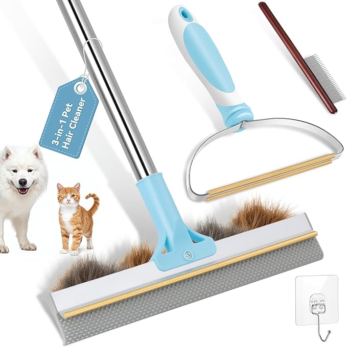 Carpet Rake for Pet Hair Removal Tool, Reusable Pet Hair Rake with 63” Adjustable Long Handle, Cat Dog Hair Remover Carpet Broom and Scraper, for Carpets, Rugs, Mats, Couch, Furniture, Car