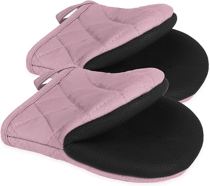 Short Oven Mitts, Heat Resistant 500°F, Silicone Grip Kitchen Gloves, Non-Slip for Baking, Grilling, BBQ, Machine Washable with Hanging Loop, 2-Pack Set, Light Pink