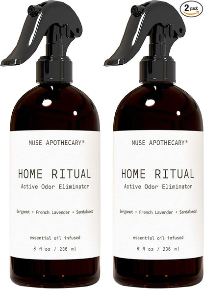 Muse Apothecary Home Ritual Active Odor Eliminator Spray - Furniture Deodorizer Spray & Bathroom Odor Eliminator for Home - Essential Oil Air Freshener - 8oz, Bergamot + French Lavender + Sandalwood