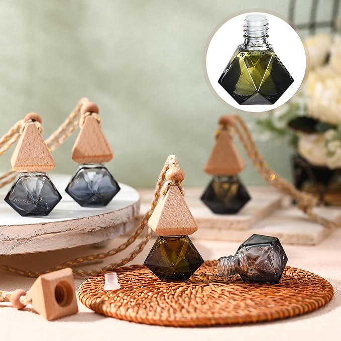 BBTO 50 Pcs Hanging Car Air Freshener Black Car Diffuser Bottles Empty Glass Perfume Bottle Freshener Diffuser Bottles Pendant for Essential Oil Fragrance Aromatherapy Ornament(Rhomb)