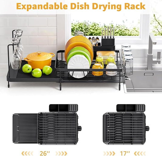 Urackify Large Dish Drying Rack – Expandable Dish Rack for Kitchen Counter, Multifunctional Dish Drainer with Cup & Wine Glass Holder, 16.2"-26" L x 17" W, Black