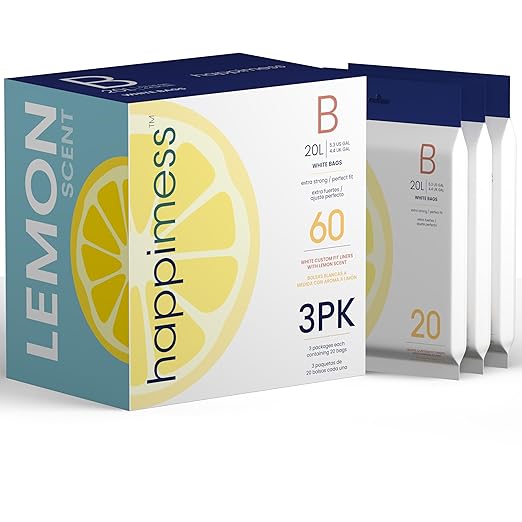 happimess 5.3 Gallon (20L) Drawstring Trash Bags, Lemon Scent, White, Heavy Duty MDPE Liners for Kitchen and Household, Odor Control, Custom Fit 60 Count (3-Packs of 20 Liners) HPM3100B-WHITE