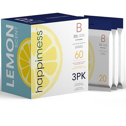happimess 5.3 Gallon (20L) Drawstring Trash Bags, Lemon Scent, White, Heavy Duty MDPE Liners for Kitchen and Household, Odor Control, Custom Fit 60 Count (3-Packs of 20 Liners) HPM3100B-WHITE