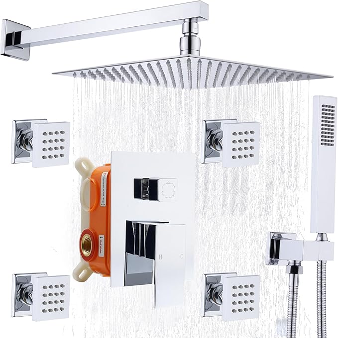 Enga Rainfall shower system with Body Jets, Shower Jets System in Wall 12 Inch Rain Shower and Handheld Spray Brass Shower Faucet Set Full Body Shower System, Chrome