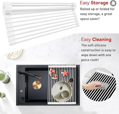 MERRYBOX Roll Up Dish Drying Rack Silicone Wrapped Over The Sink Dish Rack Foldable Dish Drainer Anti-Slip Dish Racks for Kitchen Counter, Multipurpose Kitchen Sink Drying Rack, 20.5" x 13", White