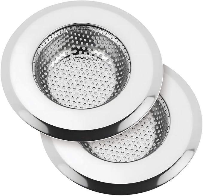 Kitchen Sink Drain Strainer, Premium Stainless Steel Rust-Proof Wide Rim Kitchen Drain Strainer Stopper Filter Basket for Kitchen Sinks (2 Pack)