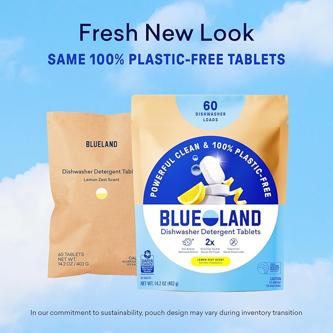 BLUELAND 100% Plastic-Free Dishwasher Detergent Tablets, 120 Count, Lemon Zest Scent, Eco Friendly Dishwashing Pods, Natural, USDA Certified biobased