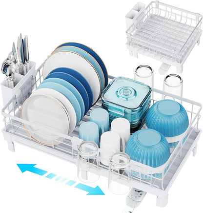 GSlife Expandable Dish Drying Rack with Drainboard, Compact Rustproof Dish Rack for Kitchen Counter, Ultra-Sturdy Space Saver with Cup Holder for Small Apartment,12.2" W x 12"-20.5" L, White