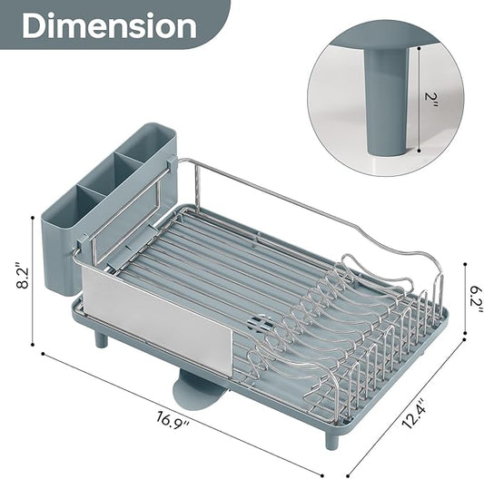 Stainless Steel Dish Drying Rack - Large Capcity 304 Grade Dish Drainer for Kitchen Counter with Drain Board, Utensil Holder & Detachable Cup Shelf, Rustproof Multifunctional Organizer, Green