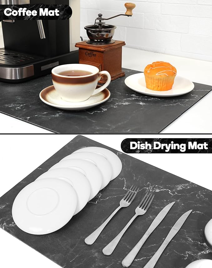 SUEH DESIGN Coffee Mat, Absorbent Dish Drying Mat 23.6 x 15.7 in Quick Dry Coffee Mat Large Drying Mats for Kitchen Counter Coffee Bar, Marble Black