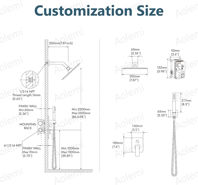 Aolemi Shower Faucet Set, High Pressure Shower System with 2-in-1 Handheld Sprayer, Wall Mount Fixture Combo with Rough-in Valve, 8 Inch Shower Head, Matte Black